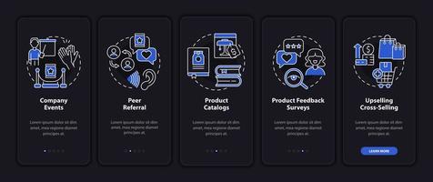 Customer touchpoints night mode onboarding mobile app screen. Walkthrough 5 steps graphic instructions pages with linear concepts. UI, UX, GUI template. Myriad Pro-Bold, Regular fonts used vector