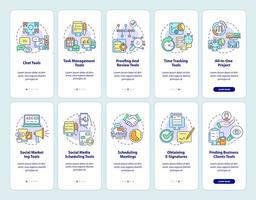 Business technology tools onboarding mobile app screen set. Management walkthrough 5 steps graphic instructions pages with linear concepts. UI, UX, GUI template. Myriad Pro-Bold, Regular fonts used vector