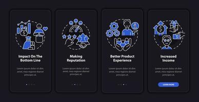 Benefits of customer service night mode onboarding mobile app screen. Walkthrough 4 steps graphic instructions pages with linear concepts. UI, UX, GUI template. Myriad Pro-Bold, Regular fonts used vector