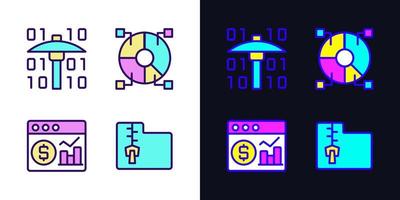 Financial data mining light and dark theme RGB color pixel perfect icons set. Processing digital information. Research new development ways. Simple filled line drawings pack on white and black space vector