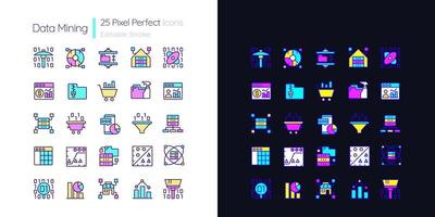 Data mining light and dark theme RGB color pixel perfect icons set. Knowledge discovering in data. Simple filled line drawings pack on white and black space. Editable stroke. Quicksand-Light font used vector