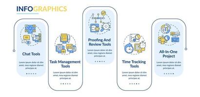 plantilla de infografía de rectángulo de herramientas de negocio esenciales. seguimiento del tiempo visualización de datos con 5 pasos. gráfico de información de la línea de tiempo del proceso. diseño de flujo de trabajo con iconos de línea. lato-negrita, fuentes regulares utilizadas vector