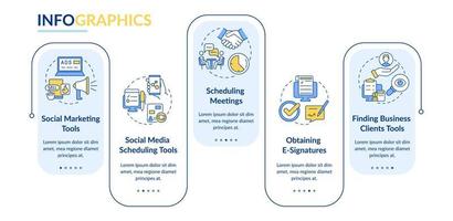 variedad de plantillas de infografía de rectángulo de herramientas de negocio. redes sociales. visualización de datos con 5 pasos. gráfico de información de la línea de tiempo del proceso. diseño de flujo de trabajo con iconos de línea. lato-negrita, fuentes regulares utilizadas vector