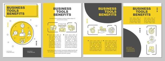 Business tools advantages yellow brochure template. Booklet print design with linear icons. Vector layouts for presentation, annual reports, ads. Arial-Black, Myriad Pro-Regular fonts used