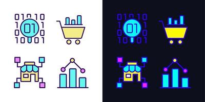 Retail data mining and analytics light and dark theme RGB color pixel perfect icons set. Virtual marketing researching. Digital business tool. Simple filled line drawings pack on white and black space vector