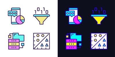 Data mining tools light and dark theme RGB color pixel perfect icons set. Techniques to extract and analyzing information. Simple filled line drawings pack on white and black space vector