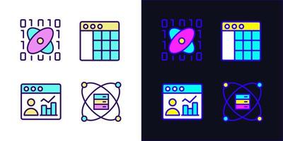 Science data mining light and dark theme RGB color pixel perfect icons set. Tools for virtual researching. Engineering system. Simple filled line drawings pack on white and black space vector