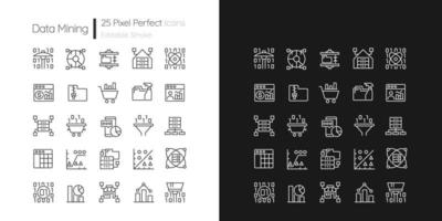 Data mining linear pixel perfect icons set for dark and light mode. Customizable thin line symbols. Isolated vector outline illustrations. Editable stroke. Quicksand-Light font used