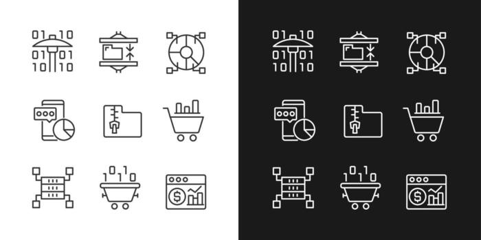 Data mining processes linear pixel perfect icons set for dark and light mode. Machine learning. Analyze and storage data. Customizable thin line symbols. Isolated vector outline illustrations