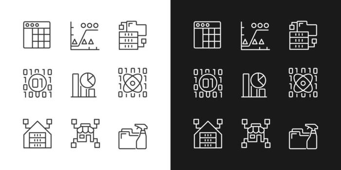 Data mining in industry linear pixel perfect icons set for dark and light mode. Knowledge discovering in data. Customizable thin line symbols. Isolated vector outline illustrations