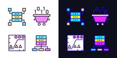 Dataset processing light and dark theme RGB color pixel perfect icons set. Data mining and storage. Statistic information analyzing. Simple filled line drawings pack on white and black space vector