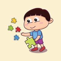 ilustración de conciencia de autismo, niño lindo jugando rompecabezas con sonrisa feliz vector