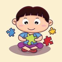 Cute little boy playing jigsaw puzzle. Sit playing. holding a colorful puzzle. Cartoon vector illustration