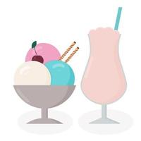 helado y batido de estilo plano. dulces de dibujos animados. ilustración vectorial de postres de verano. plantilla de diseño para menú de cafetería o restaurante. vector