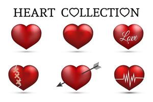 Red heart collections. Set of six realistic hearts isolated on white background. 3d icons. Valentine s day vector illustration. Love story symbol. Easy to edit design template.