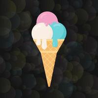 Ice cream on dark blurred bokeh background. Cartoon icecream cone  in flat style. Concept of desserts. Summer vector illustration. Italian Gelato.