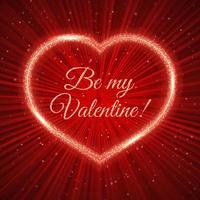 Be my Valentine Red Valentine s day greeting card with sparkling heart on shiny rays background. Romantic vector illustration. Easy to edit design template.