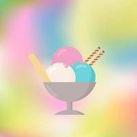 Three balls of ice cream in a cup on a colorful blurred background. Concept of summer desserts and kids celebration. Vector design template for cafe or restaurant decorations and menu.