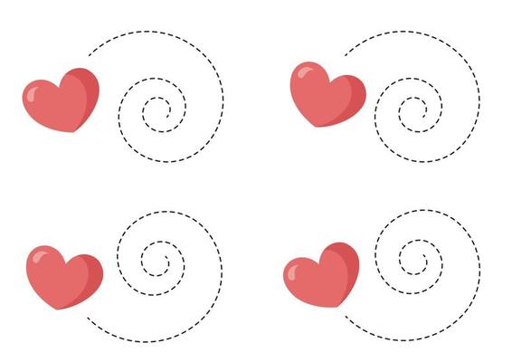 Tracing lines for kids with cute cartoon valentine hearts.