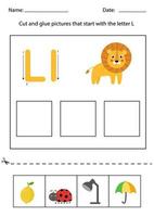 Letter recognition for kids. Cut and glue. Letter L. vector