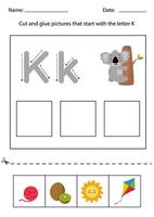Letter recognition for kids. Cut and glue. Letter K. vector