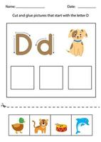 reconocimiento de letras para niños. corta y pega. letra d. vector