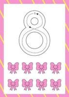 Cute flashcard how to write number eight. Worksheet for kids. vector