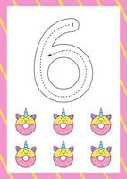 Cute flashcard how to write number six. Worksheet for kids. vector