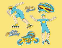 Colorful hand drawn inline speed skating with roller skate stickers collection vector