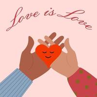 Valentine's Day greeting card, the hands of a man and a woman holding hearts. vector