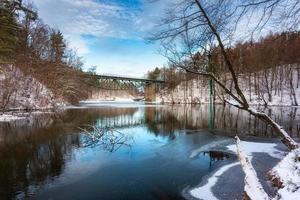 Winter landscape of the Radunia river and forest in Kashubia. Poland photo