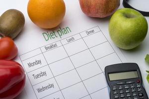 Diet plan sheet and fresh food on white background. photo