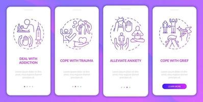 Seeking emotional support purple gradient onboarding mobile app screen. Walkthrough 4 steps graphic instructions pages with linear concepts. UI, UX, GUI template. Myriad Pro-Bold, Regular fonts used vector