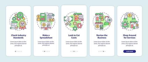 Budgeting for small business onboarding mobile app screen. Walkthrough 5 steps graphic instructions pages with linear concepts. UI, UX, GUI template. Myriad Pro-Bold, Regular fonts used vector