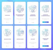 Digital marketing blue gradient onboarding mobile app screen set. Ad walkthrough 4 steps graphic instructions pages with linear concepts. UI, UX, GUI template. Myriad Pro-Bold, Regular fonts used vector