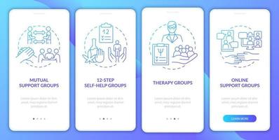 Specialized support groups blue gradient onboarding mobile app screen. Walkthrough 4 steps graphic instructions pages with linear concepts. UI, UX, GUI template. Myriad Pro-Bold, Regular fonts used vector