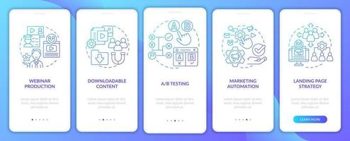 Digital marketing types blue gradient onboarding mobile app screen. Ad walkthrough 5 steps graphic instructions pages with linear concepts. UI, UX, GUI template. Myriad Pro-Bold, Regular fonts used vector