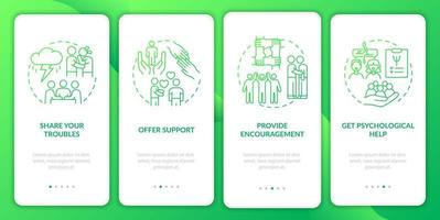 Therapeutic activities green gradient onboarding mobile app screen. Walkthrough 4 steps graphic instructions pages with linear concepts. UI, UX, GUI template. Myriad Pro-Bold, Regular fonts used vector