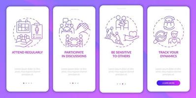 Going to group therapy purple gradient onboarding mobile app screen. Walkthrough 4 steps graphic instructions pages with linear concepts. UI, UX, GUI template. Myriad Pro-Bold, Regular fonts used vector