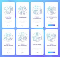 Psychological support blue gradient onboarding mobile app screen set. Walkthrough 4 steps graphic instructions pages with linear concepts. UI, UX, GUI template. Myriad Pro-Bold, Regular fonts used vector