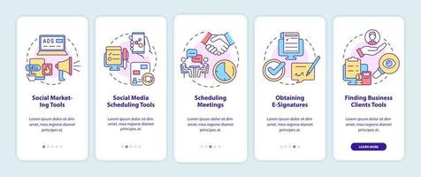 Variety of business tools onboarding mobile app screen. Social marketing walkthrough 5 steps graphic instructions pages with linear concepts. UI, UX, GUI template. Myriad Pro-Bold, Regular fonts used vector