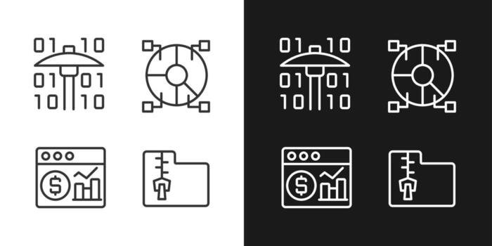 Financial data mining linear pixel perfect icons set for dark and light mode. Processing digital information. Future science. Customizable thin line symbols. Isolated vector outline illustrations