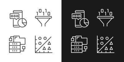 Data mining tools linear pixel perfect icons set for dark and light mode. Techniques to extract and analyze information. Customizable thin line symbols. Isolated vector outline illustrations