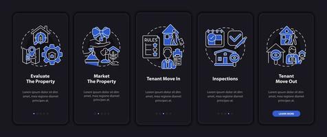 Realty management night mode onboarding mobile app screen. Business walkthrough 5 steps graphic instructions pages with linear concepts. UI, UX, GUI template. Myriad Pro-Bold, Regular fonts used vector