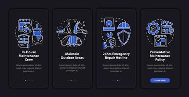 Repairs night mode onboarding mobile app screen. Service walkthrough 4 steps graphic instructions pages with linear concepts. UI, UX, GUI template. Myriad Pro-Bold, Regular fonts used vector