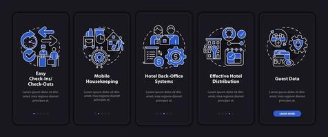 Property management systems night mode onboarding mobile app screen. Tech walkthrough 5 steps graphic instructions pages with linear concepts. UI, UX, GUI template. Myriad Pro-Bold, Regular fonts used vector