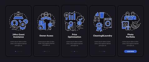 gestión en modo nocturno de hoteles incorporando la pantalla de la aplicación móvil. tutorial de servicios páginas de instrucciones gráficas de 5 pasos con conceptos lineales. interfaz de usuario, ux, plantilla de interfaz gráfica de usuario. innumerables fuentes pro-negrita y regulares utilizadas vector