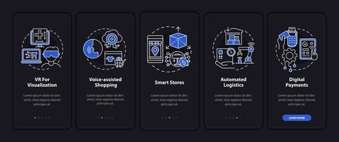 Retail market digital technology onboarding mobile app page screen. Business walkthrough 5 steps graphic instructions with concepts. UI, UX, GUI vector template with linear night mode illustrations