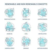 Renewable and non renewable energy turquoise blue icons set. Types of sources idea thin line color illustrations. Isolated outline drawings. Editable stroke. Roboto-Medium, Myriad Pro-Bold fonts used vector
