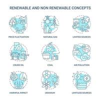 conjunto de iconos azul turquesa de energía renovable y no renovable. tipos de fuentes idea ilustraciones en color de línea delgada. dibujos de contorno aislados. trazo editable. roboto-medium, innumerables fuentes pro-bold utilizadas vector